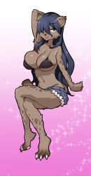 1girl arm_behind_head bikini bikini_top_only black_bikini blue_hair body_fur breasts claws covered_erect_nipples dark-skinned_female dark_skin elza_(ishuzoku_reviewers) eyebrows female_focus furry furry_female gradient_background hair_over_one_eye highres hyena hyena_ears hyena_girl hyena_tail ishuzoku_reviewers large_breasts long_hair one_eye_covered open_mouth pink_background sasakuma_kyouta short_shorts shorts solo spots spotted_fur swimsuit tail translucent translucent_hair