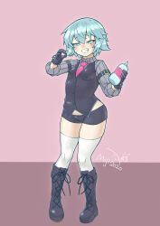 1girl 2020 absurdres boots breasts cropped_shirt fate/apocrypha fate/grand_order fate_(series) fellatio_gesture female_focus full_body gloves green_eyes handjob_gesture heart heart-shaped_pupils highres jack_the_ripper_(fate/apocrypha) loli looking_at_viewer lube lube_bottle miji_doujing_daile necktie open_mouth scar scar_across_eye scar_on_face short_hair short_shorts shorts small_breasts smile solo symbol-shaped_pupils thick_thighs thighhighs thighs white_hair white_thighhighs wide_hips