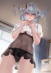 1girl asymmetrical_horns azur_lane black_panties breasts covered_navel crop_top crop_top_overhang curtains grey_eyes grey_horns hakuryuu_(azur_lane) hakuryuu_(four_fine_layers)_(azur_lane) hands_on_own_chest highres horns indoors large_breasts lingerie long_hair looking_at_viewer mismatched_horns off_shoulder official_alternate_costume panties parted_lips red_horns sabotensuteeki see-through_clothes shirt solo standing underwear white_shirt window