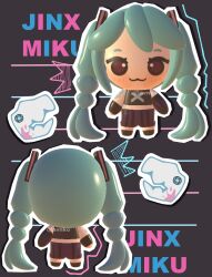 1girl 3d :3 absurdres alternate_costume alternate_hairstyle aqua_hair arcane:_league_of_legends arcane_jinx arcane_jinx_(cosplay) blood blush chibi chibi_only cosplay hatsune_miku highres jinx_(league_of_legends) lavy_(lavnko) league_of_legends long_hair multi-tied_hair outline twintails very_long_hair vocaloid white_outline