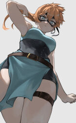 1girl absurdres boku_no_hero_academia breasts china_dress chinese_clothes closed_mouth domino_mask dress fengling_(furin-jp) green_eyes highres kendo_itsuka large_breasts long_hair looking_at_viewer mask orange_hair pelvic_curtain ponytail pout shorts_under_dress side_ponytail side_slit simple_background solo superhero_costume thigh_strap white_background