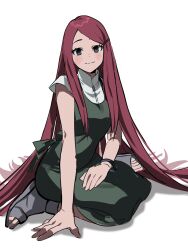 1girl betti_(xx_betti) black_eyes closed_mouth dress full_body green_dress hair_ornament hairclip highres long_hair looking_at_viewer naruto_(series) naruto_shippuuden open-toe_shoes red_hair sitting smile solo uzumaki_kushina very_long_hair wariza white_background
