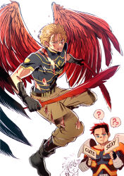 3boys ? absurdres black_shirt blonde_hair blood blood_on_face blue_eyes boku_no_hero_academia covered_pectorals dabi_(boku_no_hero_academia) dual_wielding endeavor_(boku_no_hero_academia) feathered_wings hawks_(boku_no_hero_academia) highres holding holding_sign male_focus multiple_boys pants pectorals shirt sigma778 sign simple_background torn_clothes torn_pants white_background wings