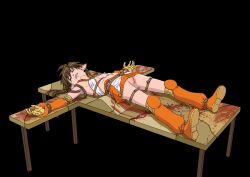 1girl bad_end bdsm black_background blood blood_stain bondage boots bound bracers breasts brown_hair elf gloves imminent_torture kneehighs long_hair lying midriff navel no_panties nowa_(queen&#039;s_blade) on_back pointy_ears pussy queen&#039;s_blade raised_hips restrained simple_background skirt sleeping sling_bikini_top small_breasts socks solo spiked_hair spread_legs strap strapped_down table twintails unconscious