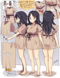 1girl barefoot black_hair reference_sheet closed_mouth dress fanta_(the_banana_pistols) female_focus from_behind from_side girls_und_panzer highres long_hair solo standing translation_request tribal yamagou_ayumi