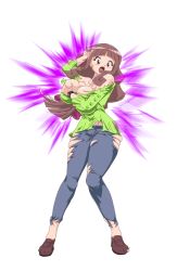 1girl absurdres age_progression aura blue_pants breast_expansion breasts brown_footwear brown_hair cleavage commission darkness digimon digimon_ghost_game dress green_dress highres large_breasts mainkore mankor pants pink_eyes purple_lips third-party_edit torn_clothes transformation tsukiyono_ruli vital_bracelet