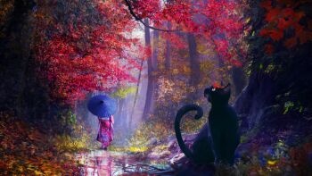 Rule 34 | 1other, animal, autumn leaves, black cat, cat, commentary request, day, forest, from behind, highres, japanese clothes, kimono, leaf, nature, oil-paper umbrella, original, outdoors, path, print kimono, puddle, red kimono, reflection, reflective water, road, scenery, tree, umbrella, water, wide shot, zaq (pgvc4472)