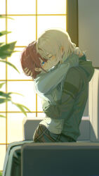 2girls absurdres blue_eyes blush brown_hair commentary couple earclip english_commentary girls_band_cry grey_hair grey_hoodie grey_shirt highres hood hood_down hoodie hug indoors iseri_nina kawaragi_momoka long_hair long_sleeves multicolored_hair multiple_girls roots_(hair) shirt short_hair ydpfa yuri