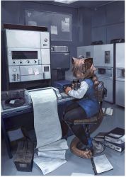 1girl ahoge animal_ears binder black_pantyhose blue_eyes blue_footwear blue_skirt border braid bulletin_board cabinet cat_ears cat_tail chair computer cup denchou female_focus file_cabinet furry furry_female hair_ornament hairclip highres holding holding_cup looking_at_viewer office_lady original pantyhose paper pencil_skirt printer single_braid sitting skirt solo steam tail thermos transparent_border