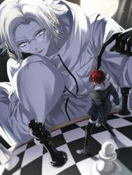 2boys ahoge aotsuki_eito black_background black_gloves black_hair black_pantyhose board_game chess chess_piece chessboard eyelashes from_behind giant glasses gloves highres jacket long_sleeves looking_at_another male_focus messy_hair multicolored_hair multiple_boys open_mouth pantyhose parted_hair purple_eyes red_hair simple_background size_difference sumino_takumi the_hundred_line_-last_defense_academy- white_hair white_jacket