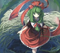 1girl arms_at_sides bad_id bad_pixiv_id bow closed_mouth dress eyebrows female_focus frilled_shirt_collar frills front_ponytail gloves green_hair hair_bow hat highres kagiyama_hina long_hair looking_at_viewer looking_up mini_person minigirl nest plant puffy_short_sleeves puffy_sleeves red_bow red_dress red_hat shawl short_sleeves smile solo standing suminagashi thorns touhou vines