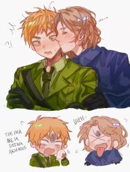 !? 2boys axis_powers_hetalia black_gloves blonde_hair blue_jacket blush closed_eyes collared_shirt disgust english_text facial_hair france_(hetalia) gloves goatee_stubble green_eyes green_jacket highres jacket kiss kissing_cheek male_focus medium_hair multiple_boys necktie peepeepoo54321 shirt short_hair simple_background stubble sweatdrop thick_eyebrows tongue tongue_out united_kingdom_(hetalia) wavy_hair white_background x_x yaoi