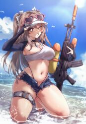 Rule 34 | 1girl, absurdres, alternate costume, assault rifle, barefoot, black choker, black panties, blue sky, blush, bow, breasts, brown hair, choker, cloud, commentary, cs (connectedskyy), daewoo k2, denim, denim shorts, dog tags, english commentary, eyewear on headwear, feet, full body, girls&#039; frontline, girls&#039; frontline 2: exilium, grey eyes, gun, hair bow, hat, heart, heart-shaped eyewear, highleg, highleg panties, highres, holding, holding water gun, k2 (girls&#039; frontline), kneeling, long hair, micro shorts, navel, ocean, open fly, open mouth, panties, partially submerged, pink nails, rifle, shorts, side-tie shorts, simple bird, skindentation, sky, smile, solo, sun, toes, torn clothes, torn shorts, twintails, underwear, visor cap, water gun, weapon, wet, white bow, white hat, white mouth, yoohee (girls&#039; frontline 2)