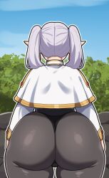 1girl ass ass_focus capelet earrings elf freshnsfw frieren from_behind highres huge_ass jewelry long_hair long_sleeves panties panties_under_pantyhose pantyhose pointy_ears sky solo sousou_no_frieren thick_thighs thighs third-party_edit twintails underwear white_hair wide_hips