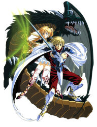 Rule 34 | 1990s (style), 1boy, 1girl, absurdres, armor, armored boots, blonde hair, blue eyes, boots, breastplate, cape, dragon, dragon slayer (series), fighting stance, gloves, highres, holding, holding sword, holding weapon, long hair, looking at viewer, magic, non-web source, official art, onda naoyuki, pauldrons, ponytail, retro artstyle, scan, short hair, shoulder armor, simple background, skirt, sophia (legend of xanadu), sword, the legend of xanadu, two-handed, weapon, white background, white gloves