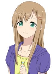 Rule 34 | 10s, 1girl, alternate hairstyle, blush, brown hair, choroko (chorokoto), dog days, female focus, green eyes, hair down, hair ornament, jewelry, long hair, necklace, nishima amane, rebecca anderson, smile, solo