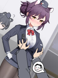 1boy 2girls ? absurdres aged_up animal_ears black_eyes black_hair black_hat black_jacket black_pantyhose black_skirt blue_archive blush bow bowtie breasts collared_shirt commentary cowboy_shot dishui_tangni doodle_sensei_(blue_archive) dutch_angle garrison_cap gloves groping hair_bun hands_on_own_hips hat highres jacket kaede_(blue_archive) kaede_(guide)_(blue_archive) large_breasts long_sleeves multiple_girls no_halo official_alternate_costume out_of_frame pantyhose purple_hair raccoon_ears raccoon_girl red_bow red_bowtie sensei_(blue_archive) shirt skirt spoken_character sweatdrop tongue tongue_out tour_guide tsubaki_(blue_archive) tsubaki_(guide)_(blue_archive) walkie-talkie white_gloves white_shirt yellow_eyes