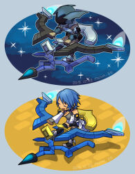 1girl aqua_(kingdom_hearts) armor blue_eyes chibi chibi_only clenched_hand closed_eyes commentary_request dated detached_sleeves fake_horns fingerless_gloves full_armor full_body gauntlets gloves grey_gloves hand_up happy helm helmet horned_helmet horns hover_vehicle kingdom_hearts kingdom_hearts_birth_by_sleep multiple_views open_mouth outline pauldrons race_vehicle shadow shoulder_armor shoulder_strap skyloop19 smile space twitter_username white_outline wide_sleeves