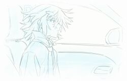 1boy car_interior closed_mouth collared_shirt dress_shirt expressionless from_side greyscale hair_between_eyes high_collar honosuke_(tns4b) koide_natsuno long_sleeves male_focus monochrome necktie shiki_(novel) shirt short_hair sitting sketch solo upper_body