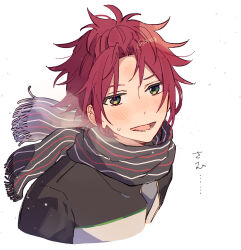 1boy black_jacket ensemble_stars! green_eyes highres isara_mao jacket looking_at_viewer lower_teeth_only male_focus official_alternate_costume open_clothes open_jacket open_mouth red_hair scarf simple_background smile solo teeth upper_body white_background zu_tonatuyasumi