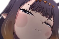 1girl diamond_hairband gradient_hair grey_eyes hairband hololive hololive_english kamatani_ranger looking_at_viewer multicolored_hair ninomae_ina&#039;nis orange_hair orange_hairband pointy_ears pout puffy_cheeks purple_hair solo virtual_youtuber