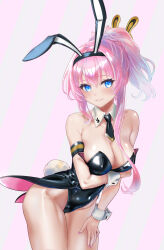 1girl bare_shoulders black_leotard blue_eyes breasts cleavage collarbone covered_erect_nipples covered_navel detached_collar highres large_breasts legs leotard megurine_luka pink_hair playboy_bunny rabbit_tail smile solo tail thick_thighs thighs vocaloid yukihane_(snowowl515)