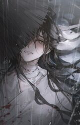 Rule 34 | 1boy, absurdres, bandaged neck, bandages, blood, blood on clothes, blood on face, brown eyes, brown hair, chinese clothes, clenched teeth, crying, crying with eyes open, from above, hair bun, hair ribbon, hanfu, hat, highres, injury, korean commentary, long hair, looking at viewer, lying, male focus, on back, one eye covered, rain, ribbon, rice hat, single hair bun, solo, tears, teeth, tianguan cifu, upper body, water, wet, wet hair, white hanfu, white ribbon, xie lian, young57440489