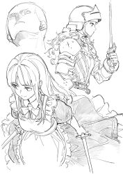 1other 2girls apron armor closed_mouth curly_hair ddal disembodied_head dress dual_wielding frilled_dress frills from_above from_below helmet highres holding holding_sword holding_weapon knight lineart long_hair monochrome multiple_girls original profile rapier sketch sword weapon