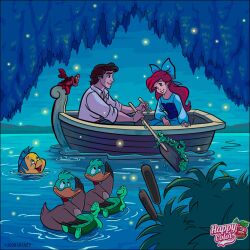 1boy 1girl ariel_(disney) artist_logo artist_name bird black_hair blue_bow blue_dress blue_eyes boat bow bug drawingliker100 dress duck eric_(disney) european_clothes firefly fish flounder_(the_little_mermaid) hair_bow highres holding holding_oar insect lobster logo long_hair night oar outdoors red_hair reeds rowboat sebastian_(disney) shirt short_hair short_sleeves the_little_mermaid_(disney) turtle water watermark white_shirt
