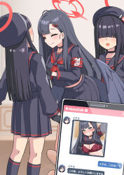 Rule 34 | 172cm, 3girls, armband, beret, black choker, black gloves, black hair, black hat, black sailor collar, black serafuku, black skirt, black socks, black wings, blue archive, blue eyes, bra, breasts, chat log, choker, closed eyes, clothes lift, commentary request, covered eyes, feathered wings, gloves, hair ornament, hair over eyes, hairclip, halo, hat, highres, holding, holding phone, ichika (blue archive), justice task force member (blue archive), lifting own clothes, long bangs, long hair, long sleeves, low wings, medium breasts, miniskirt, multiple girls, neckerchief, partial commentary, partially translated, phone, pleated skirt, pov, red armband, red bra, red halo, red neckerchief, sailor collar, school uniform, serafuku, shirt lift, skirt, smile, socks, standing, translation request, underwear, unusually open eyes, very long hair, wings