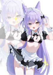 1girl :3 :d absurdres ahoge alternate_costume apron arm_up bikini bikini_top_only black_bikini black_skirt black_sleeves blue_eyes breasts clothes_lift commentary_request cone_hair_bun cowboy_shot detached_collar enmaided fang fox_girl fox_shadow_puppet fox_tail frilled_skirt frills hair_bun hair_rings hand_up heterochromia highres korean_commentary lifting_own_clothes long_hair looking_at_viewer maid maid_apron maid_headdress nannung navel neck_ribbon open_mouth purple_hair ribbon short_sleeves simple_background skirt skirt_lift small_breasts smile solo sparkle stellive swimsuit tail tenko_shibuki very_long_hair virtual_youtuber waist_apron white_background wrist_cuffs yellow_eyes zoom_layer