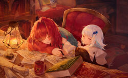2girls ^_^ aged_down ange_katrina ange_katrina_(1st_costume) blanket blue_hair blurry blurry_background blush book bookshelf borrowed_clothes cardigan chair child closed_eyes closed_mouth coffee_mug commentary_request covering_with_blanket crayon crayon_drawing cup hair_intakes hair_ornament head_on_arm head_rest highres holding holding_pen indoors inkwell lantern lize_helesta long_hair long_sleeves mizuki_fua mug multicolored_hair multiple_girls nib_pen_(object) nijisanji open_mouth paper pen red_cardigan red_hair scroll sebastian_piyodore signature sleeping sleeping_on_desk smile steaming_cup streaked_hair two-tone_hair virtual_youtuber white_hair wooden_desk