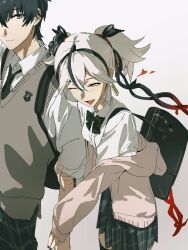 Rule 34 | 1boy, 1girl, alternate costume, arm hug, bag, bag charm, black bag, black bow, black bowtie, black eyes, black flower, black hair, black nails, black necktie, black pants, black skirt, blake bloom (wuthering waves), bow, bowtie, breasts, camellya (wuthering waves), cardigan, charm (object), clothes down, collared shirt, commentary, earrings, flower, gold earrings, grey vest, hair between eyes, hair flower, hair ornament, hair vines, hashtag-only commentary, heart, highres, jewelry, looking at another, male rover (wuthering waves), nail polish, nakmini, necktie, one eye closed, open mouth, pants, pink cardigan, plaid clothes, plaid skirt, pleated skirt, red pupils, rover (wuthering waves), school bag, school uniform, shirt, skirt, small breasts, smile, vest, white shirt, wuthering waves, yellow eyes
