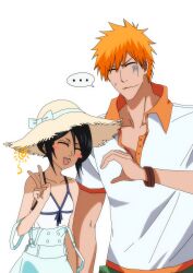 ... 1boy 1girl ^_^ apron black_hair bleach blue_apron closed_eyes collared_shirt hat heart_hands_failure highres kuchiki_rukia kurosaki_ichigo orange_hair shirt short_hair smile spiked_hair star_(sr67305775) straw_hat sun_hat upper_body v white_shirt