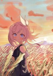1girl blue_eyes coat commentary cyrene_(honkai:_star_rail) diamond-shaped_pupils diamond_(shape) english_commentary gradient_sky hanyumpuu highres honkai:_star_rail honkai_(series) looking_at_viewer outdoors pink_hair purple_coat short_hair sky smile solo sunset symbol-shaped_pupils wheat_field