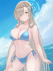 1girl absurdres asuna_(blue_archive) bikini blonde_hair blue_archive blue_bikini blue_eyes blue_halo blue_ribbon blue_sky breasts cleavage commentary cowboy_shot grin hair_over_one_eye hair_ribbon halo highres large_breasts long_hair navel piggypink ribbon side-tie_bikini_bottom sky smile solo standing string_bikini swimsuit very_long_hair water