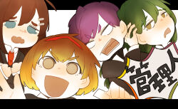 Rule 34 | 2boys, 2girls, :d, black jacket, black sweater, blonde hair, blue eyes, blush, brown eyes, brown hair, collared shirt, commentary request, drooling, eyebrow cut, gradient hair, green hair, hair ornament, hairclip, highres, hod (project moon), jacket, lobotomy corporation, long hair, long sleeves, malkuth (project moon), mouth drool, multicolored hair, multiple boys, multiple girls, nakame77, necktie, netzach (project moon), open mouth, pale skin, project moon, purple hair, red necktie, ribbed sweater, shirt, short hair, shouting, smile, sweater, teardrop, translated, turtleneck, turtleneck sweater, v-shaped eyebrows, white shirt, yesod (project moon)