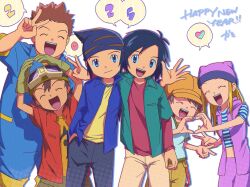 Rule 34 | 1girl, 2025, 5boys, arm around shoulder, bandana, black pants, blonde hair, blue bandana, blue eyes, blue hair, blue jumpsuit, blue shirt, brothers, brown hair, brown pants, closed eyes, closed mouth, digimon, digimon frontier, goggles, goggles on headwear, green shirt, group picture, happy new year, hat, heart, heart hands, himi tomoki, jumpsuit, kanbara takuya, kato (digiyuzu), kimura kouichi, long hair, looking at viewer, minamoto kouji, multiple boys, new year, open clothes, open mouth, open shirt, orimoto izumi, pants, purple hat, purple skirt, purple vest, red shirt, shibayama junpei, shirt, shirt under shirt, short hair, siblings, simple background, skirt, striped clothes, striped shirt, suspenders hanging, twins, v, vest, white background, white shirt, yellow hat, yellow pants, yellow shirt