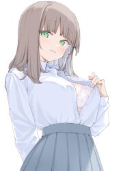 1girl arm_behind_back blue_skirt blunt_bangs blush bra breasts brown_hair cleavage closed_mouth clothes_lift collared_shirt commentary green_eyes highres large_breasts long_hair long_sleeves looking_at_viewer maigoyaki open_clothes open_shirt original pink_bra pleated_skirt school_uniform shirt shirt_tucked_in skirt smile solo symbol-only_commentary teasing underwear white_background white_bra white_shirt