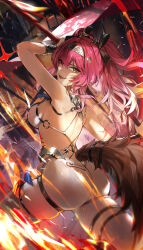 1girl absurdres arm_up ass backless_bodysuit bare_shoulders black_bow bodysuit bow breasts commentary from_behind hair_bow hair_ornament hairband hanasawa_(hanasawa062) highres holding holding_polearm holding_weapon long_hair looking_at_viewer looking_to_the_side lupa_(wuthering_waves) median_furrow medium_breasts metal_hairband multiple_hair_bows open_mouth pink_hair polearm red_pupils scar smile solo tail teeth upper_teeth_only weapon white_bodysuit wolf_tail wuthering_waves yellow_eyes