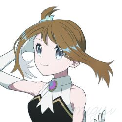 Rule 34 | 1girl, ascot, black dress, dress, elbow gloves, gem, gloves, hair ornament, hand in own hair, higunjun, may (champion) (pokemon), may (pokemon), nintendo, official alternate costume, pokemon, pokemon masters ex, purple gemstone, sleeveless, sleeveless dress, solo, upper body, white ascot, white background, white gloves