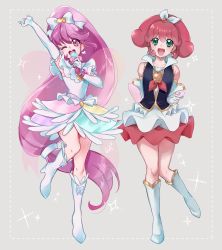 2girls :d ;d aino_megumi arm_up armpits arms_behind_back boots bow brooch collarbone cure_lovely cure_lovely_(innocent_form) cure_mirage earrings elbow_gloves floating_hair frilled_gloves frills full_body gloves green_eyes grey_background hair_bow hair_ornament happinesscharge_precure! heart heart_brooch heart_earrings heart_hair_ornament highres idol jewelry knee_boots layered_skirt long_hair looking_at_viewer magical_girl medium_hair miniskirt multicolored_skirt multiple_girls one_eye_closed open_mouth pink_eyes pink_hair precure queen_mirage red_hair red_skirt shipu_(gassyumaron) skirt smile standing standing_on_one_leg very_long_hair white_bow white_footwear white_gloves white_skirt