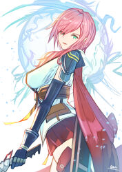 1girl absurdres cape chest_harness elbow_gloves final_fantasy final_fantasy_xiii gloves green_eyes harness highres holding holding_sword holding_weapon lightning_farron long_hair looking_at_viewer omu_(omuraisubi) pink_hair red_skirt shirt skirt solo sword weapon white_shirt