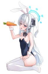 1girl absurdres animal_ears black_leotard black_ribbon blue_archive blue_halo braid carrot commentary fake_animal_ears fake_tail half_up_braid halo highres holding holding_carrot leotard long_hair looking_at_viewer miyako_(blue_archive) playboy_bunny rabbit_ears rabbit_tail ribbon saliva saliva_trail simple_background sitting solo strapless strapless_leotard tail thighhighs tisofofo very_long_hair wariza white_background white_hair white_thighhighs
