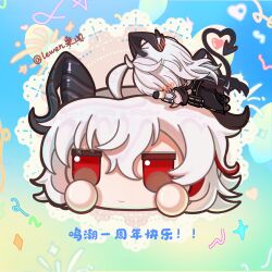 Rule 34 | 1girl, absurdres, armband, artist name, black armband, black horns, black pants, black tail, chibi, chibi only, chinese commentary, commentary, commentary request, cube, curled horns, demon tail, english commentary, grey hair, heart, highres, horn blush, horns, korean commentary, le wen, long hair, mixed-language commentary, multilingual commentary, objectification, pants, partial commentary, red eyes, solo, tail, translation request, wuthering waves, zani (wuthering waves)
