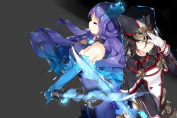 2girls adjusting_clothes adjusting_headwear backless_dress backless_outfit bare_shoulders black_capelet black_hair black_hat black_jacket blue_fire blue_hair breasts brighid_(xenoblade) brown_eyes capelet closed_eyes closed_mouth collarbone dress fire gloves glowing glowing_sword glowing_weapon gradient_hair hair_between_eyes hat highres holding holding_sword holding_weapon jacket large_breasts long_hair long_sleeves looking_at_viewer medium_breasts military military_hat military_uniform morag_ladair_(xenoblade) multicolored_hair multiple_girls nintendo profile purple_dress purple_hair saru simple_background smile sword very_long_hair weapon white_gloves xenoblade_chronicles_(series) xenoblade_chronicles_2