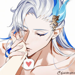 1boy 1other artist_name asymmetrical_bangs blue_eyeliner blue_hair blush closed_eyes collarbone commentary english_commentary eriimyon eyelashes eyeliner genshin_impact hair_between_eyes hair_ornament hand_up heart highres holding_another&#039;s_wrist kiss kissing_hand long_hair makeup male_focus multicolored_hair neuvillette_(genshin_impact) parted_bangs parted_lips pointy_ears pov simple_background solo_focus speech_bubble spoken_heart streaked_hair twitter_username upper_body white_background white_hair