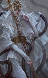 Rule 34 | 1boy, absurdres, closed mouth, covered eyes, dark souls (series), dark souls i, dark sun gwyndolin, dress, gold headwear, grey dress, grey hair, helmet, helmet over eyes, highres, long sleeves, male focus, snake, solo, vats9 9