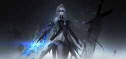 1girl absurdres bare_shoulders black_blindfold blindfold blue_dress blue_sleeves chinese_commentary closed_mouth commentary_request covered_eyes crystal_sword detached_sleeves dress facing_viewer glowing glowing_weapon high_ponytail highres holding honkai:_star_rail honkai_(series) jingliu_(honkai:_star_rail) leo-dont-want-to-be-a-painter long_hair ponytail solo sword very_long_hair weapon white_hair