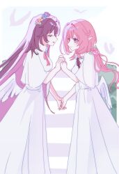 2girls alternate_costume angel_wings blue_eyes breasts bridal_veil brown_hair closed_eyes commentary_request dress eden_(honkai_impact) elf elysia_(honkai_impact) flower hair_flower hair_ornament highres holding_hands honkai_(series) honkai_impact_3rd ko_(assd_009) korean_commentary long_hair medium_breasts multiple_girls parted_lips pink_hair pointy_ears smile veil very_long_hair white_dress wings yuri